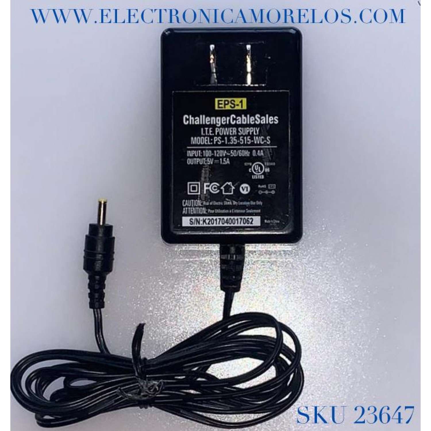 ADAPTADOR CHALLENGER VCA EPS-1 / NUMERO DE PARTE EPS-1 / MODELO PS-1.35-515-WC-S / ENTRADA VCA 100-120V～50-60Hz .4A / SALIDA VCD 5V-1.5A
